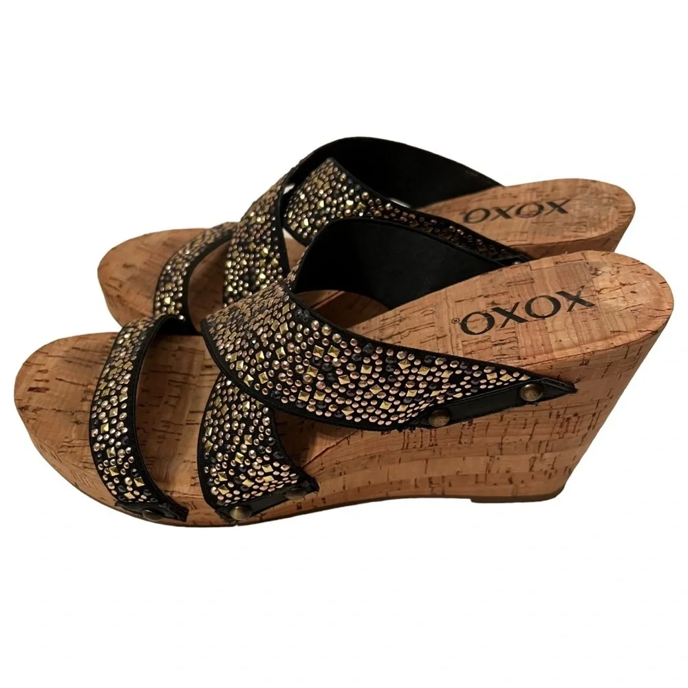 XOXO Women’s Cork Wedge Straps Black Multicolored Rhinestones size 6.5 HOST PICK